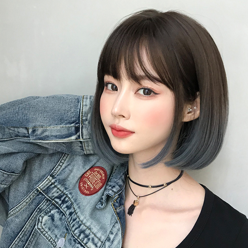 Fashionable Wig for Women with Short Hair, Bob, Student Head, Round Face, Full Headgear, Natural Gradient Color, Inner Buckle, Straight Hair Wholesale