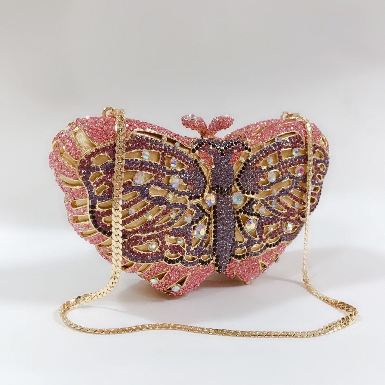 Túi clutch dạ tiệc hình cánh bướm đính pha lê kim cương hộp cứng — Màu hồng, Màu bạc, Màu Xanh Lục Bạc, Đế Vàng Kim Cương chi tiết 17