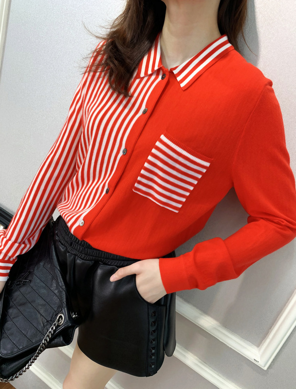 Foreign-style and real wear micro loose version not Pick body thin all-match color matching striped wool blended shirt Women Foreign-style and real wear micro loose version not Pick body thin all-match color matching striped wool blended shirt Women