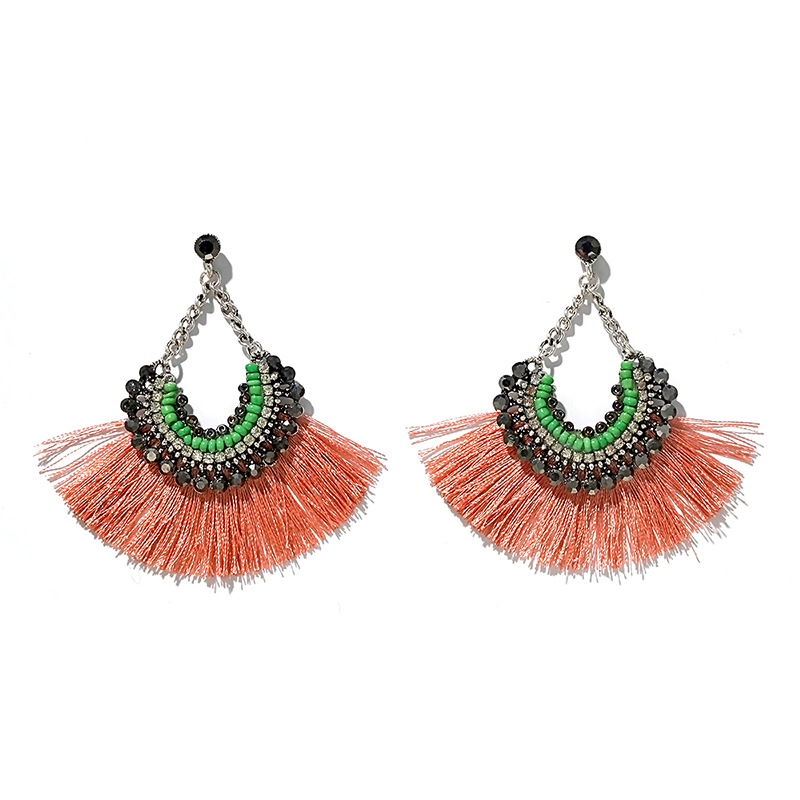 New Earrings Colorful Rhinestone Gems Wild Bohemian Fan-shaped Tassel Earrings Wholesale Nihaojewelry display picture 4