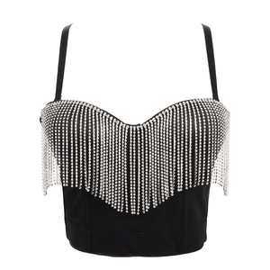 Women's Diamond bling jazz dance bra tops women stage chest wrap tight tassel pin bead corset bright diamond suspender vest women top