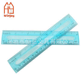 批发15CM透明学生直尺蓝色透明塑料尺子中间带圆形凹槽促销儿童尺
