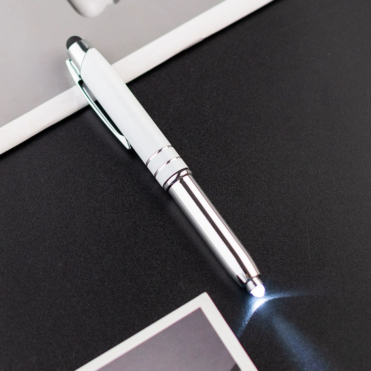 Metal LED universal ballpoint pen, bulb, three in one, wholesale