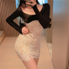 Straight neck low cut lace Crocheted hip dress with bottom skirt and long sleeve dress