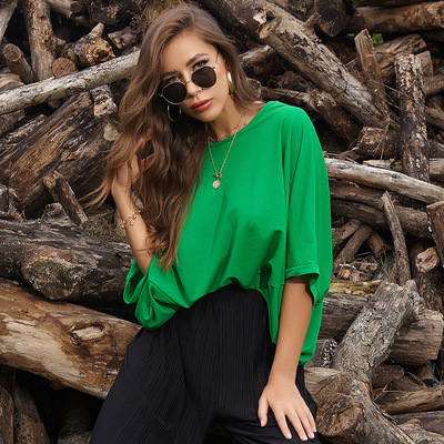 歐美跨境純色t恤女夏寬松半袖圓領大碼休閑女裝新款2020壹件代發