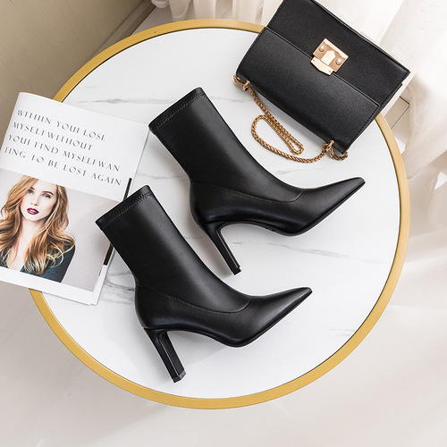Soft Leather Mid-Calf Square Heel Short Boots Women's Autumn/Winter European and American Style Sexy High-Heel Short Boots Solid Color Pointed Toe Elegant Fashion Boots