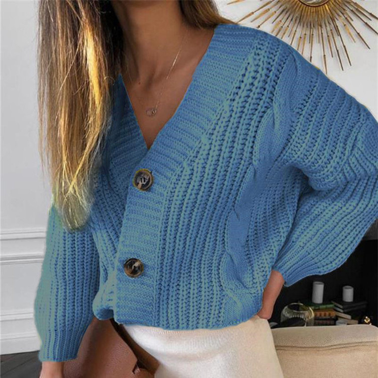 Amazon Otoño e Invierno casual de manga larga botón suéter cardigan abrigo mujer suelta lana gruesa giro suéter ropa exterior