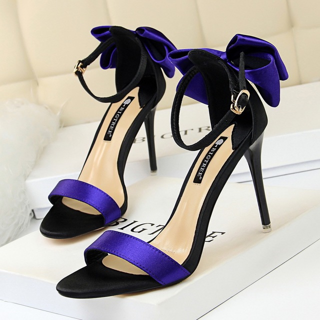 Korean fashion stiletto high-heeled silk color block with bow sandals