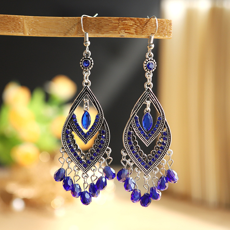 1 Pair Ethnic Style Water Droplets Alloy Tassel Plating Inlay Artificial Diamond Women's Drop Earrings display picture 2