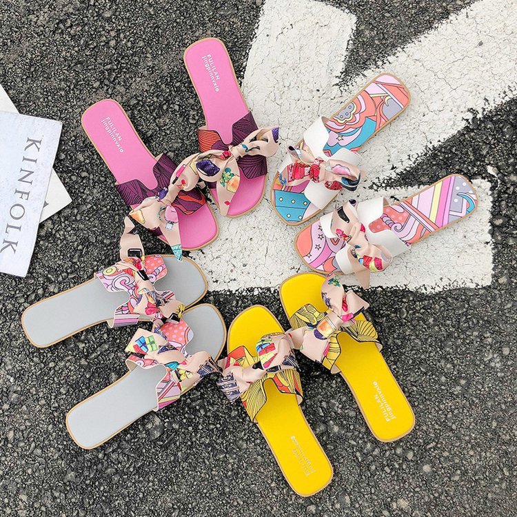 百搭少女心拖鞋女外穿2020新款夏季时尚个性花色蝴蝶结一字凉拖潮