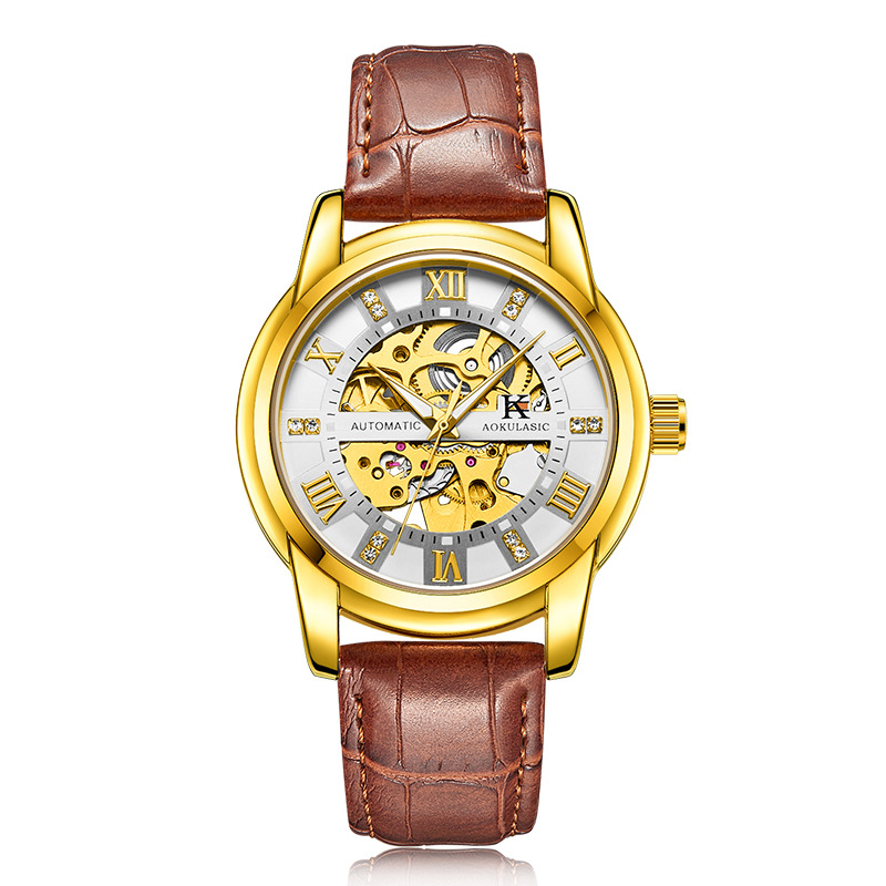 Ogulas AOKULASIC reloj mecánico automático para hombres hollow-out transparent flywheel Belt reloj 5066