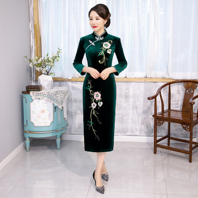 cheongsam Chinese style Large Plush thickening Long sleeve Improvement Retro Mom outfit winter keep warm temperament Wedding