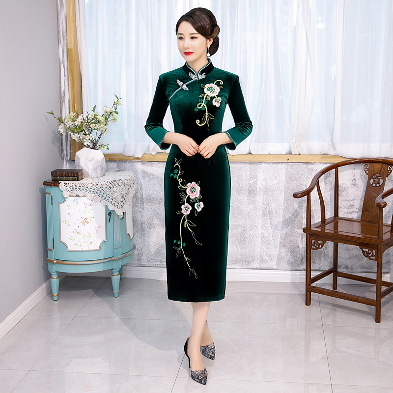 旗袍女中國風大碼加絨加厚長袖改良複古媽媽裝冬季保暖氣質婚宴裝