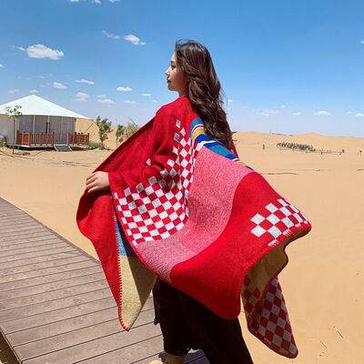 冬季斗篷女款加厚格子披肩围巾民族风开叉巾青海旅游御寒外搭披风