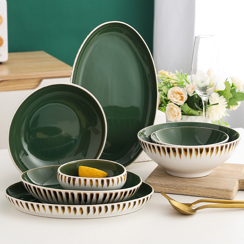 INS nórdico creativo tazón de cerámica y combinación de platos desayuno doméstico tazón de arroz tazón de fideos tazón de sopa Hotel plato occidental traje