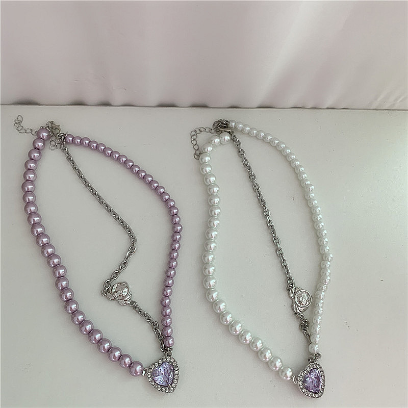 Korean Autumn And Winter Pearl Purple Gem Choker Pendant Necklace display picture 3