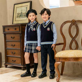 ZL9-TB2013小学生校服秋季春秋棉蓝色单排扣短袖中国风两件套装