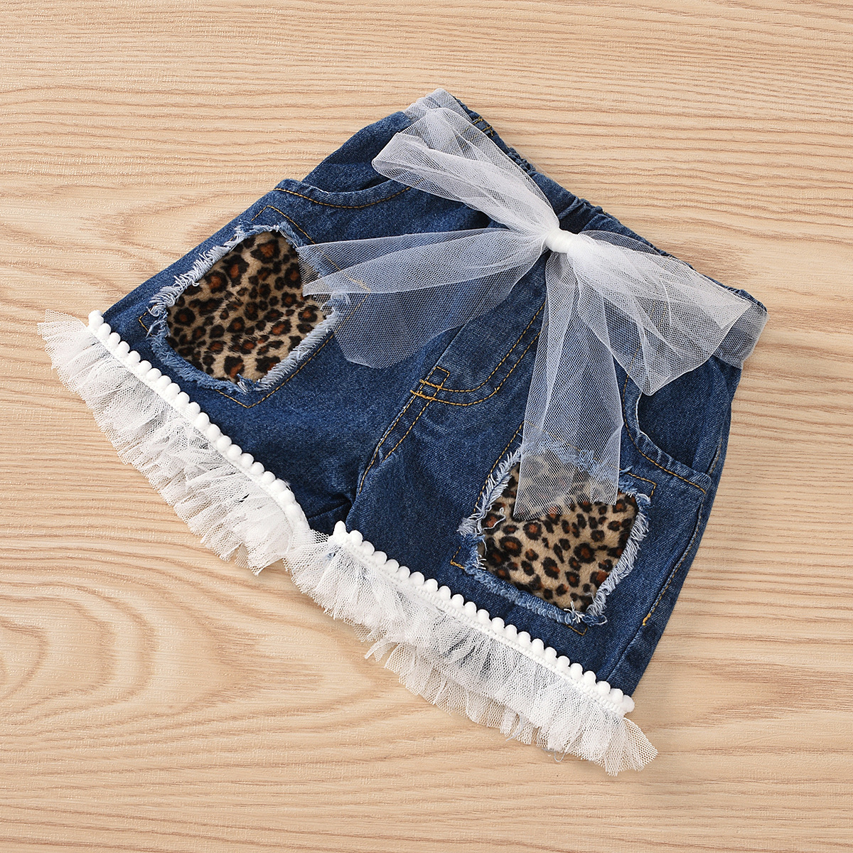Flickset ärmlös jeansöverdel och shorts med leopardmönster_voghion.com