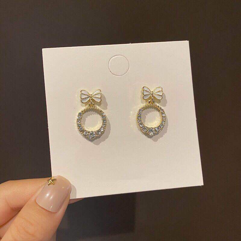S925 Silver Needle Korean Circle Bow Simple Short Diamond Wild Earrings display picture 5