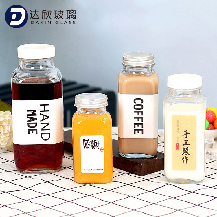 批发创意方形饮料瓶酒瓶玻璃果汁冷饮瓶咖啡瓶奶茶瓶玻璃饮料瓶