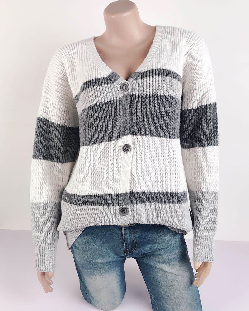 Women's Clothing 2023 autumn and winter new v-neck button striped patchwork sweater cardigan_voghion.com