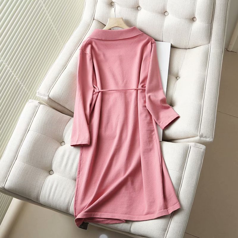 Pure Color Polo Lapel Lace Up Waist Long Sleeve Dress  NSAM5864