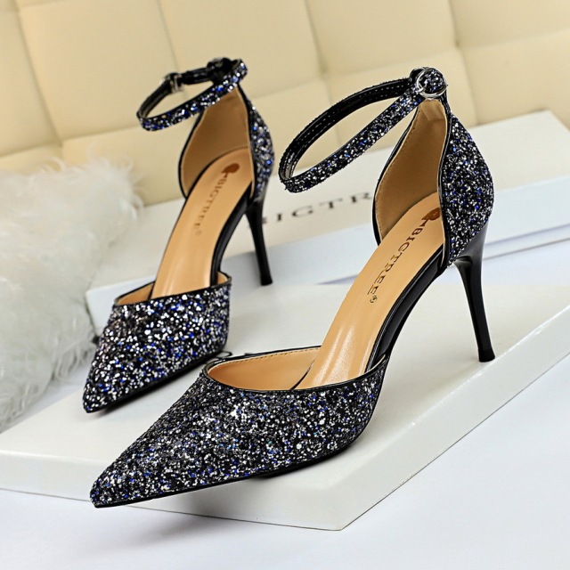European and American sexy nightclub women’s shoes high heels shallow mouth pointed metal thin heels hollow sa