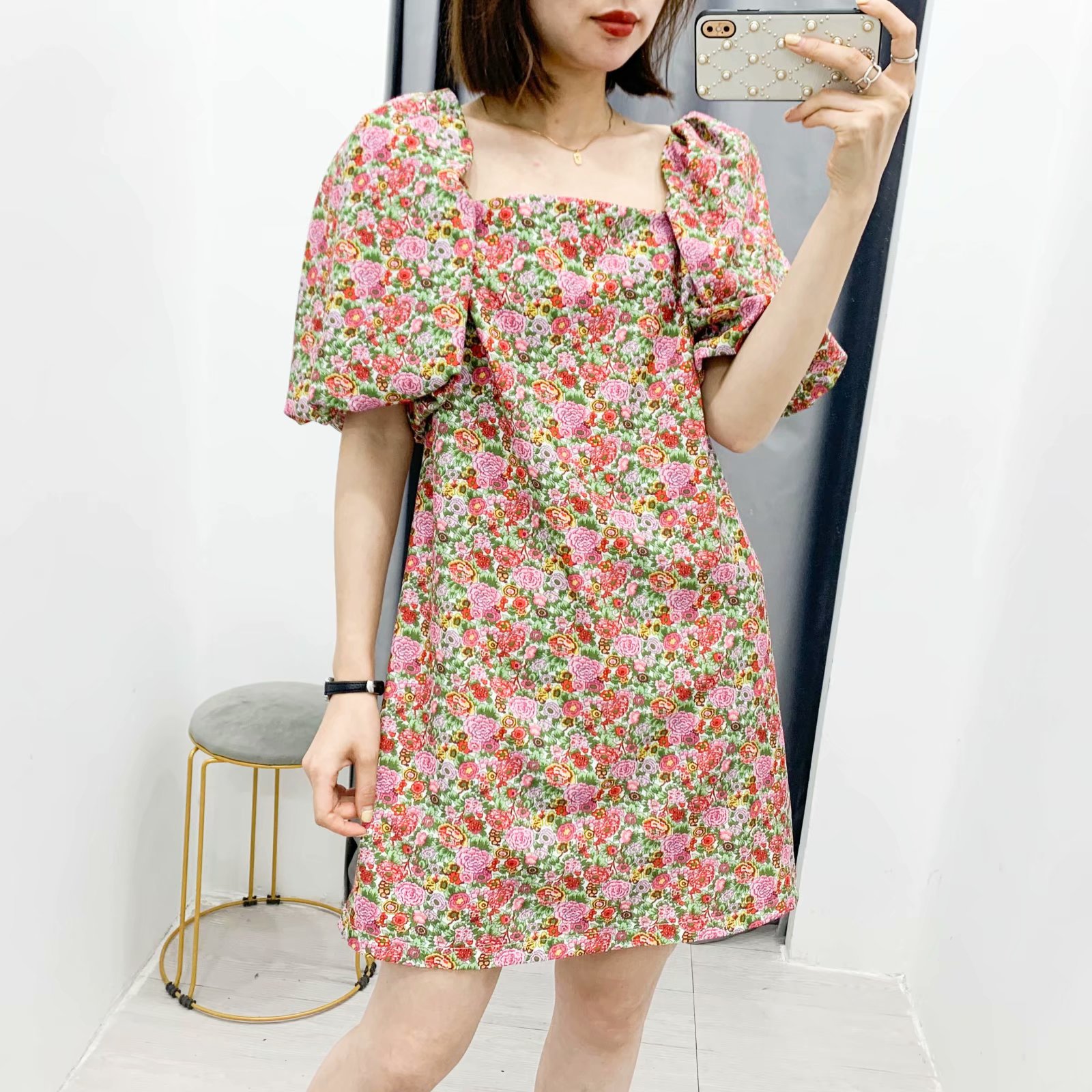 new Summer French Short Style Design Flower Print Puff Sleeve Dress wholesale nihaojewelry NHAM219657picture2