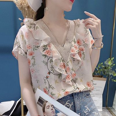 2020夏新款女装韩版V领短袖雪纺衫荷叶边小碎花宽松上衣女|ru
