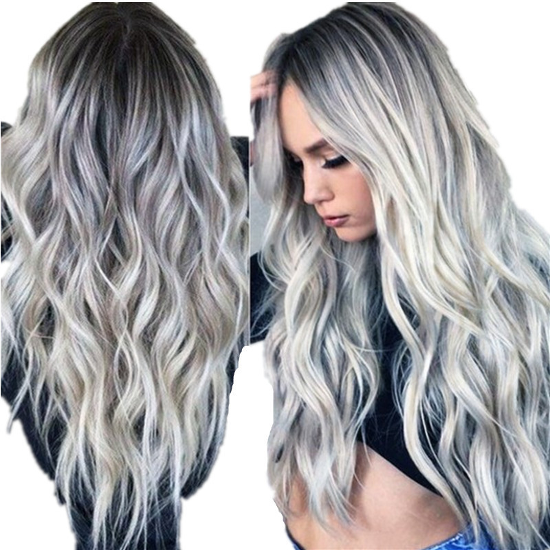 In stock hot selling European and American dyed medium long curly hair COS gray gradient anime wig hot sale factory In stock hot selling European and American dyed medium long curly hair COS gray gradient anime wig hot sale factory