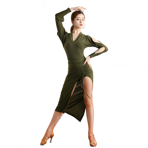 Women olive green Latin dance dresses female  v-neck long-sleeved one-piece high-slit hip latin dance skirt salsa rumba chacha dance dresses