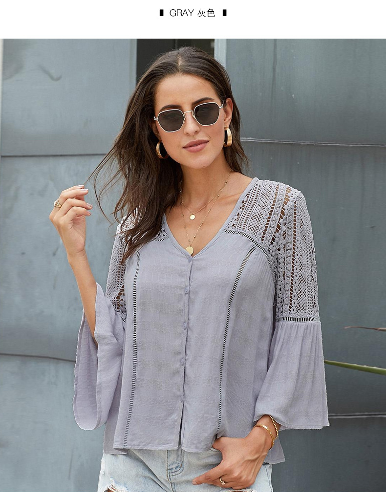 loose hedging hollow v-neck trumpet sleeve lace shirt  NSSI2415