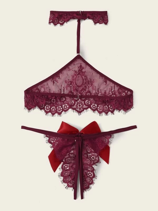 Foreign trade cross-border European and American taste open chest lace sexy hot three-point bra underwear set Wholesale