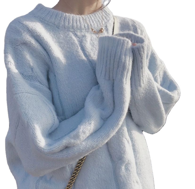 2023 nuevo suave leche azul Otoño e Invierno desgaste muy hadas giro flojo estilo perezoso suéter de punto para las mujeres