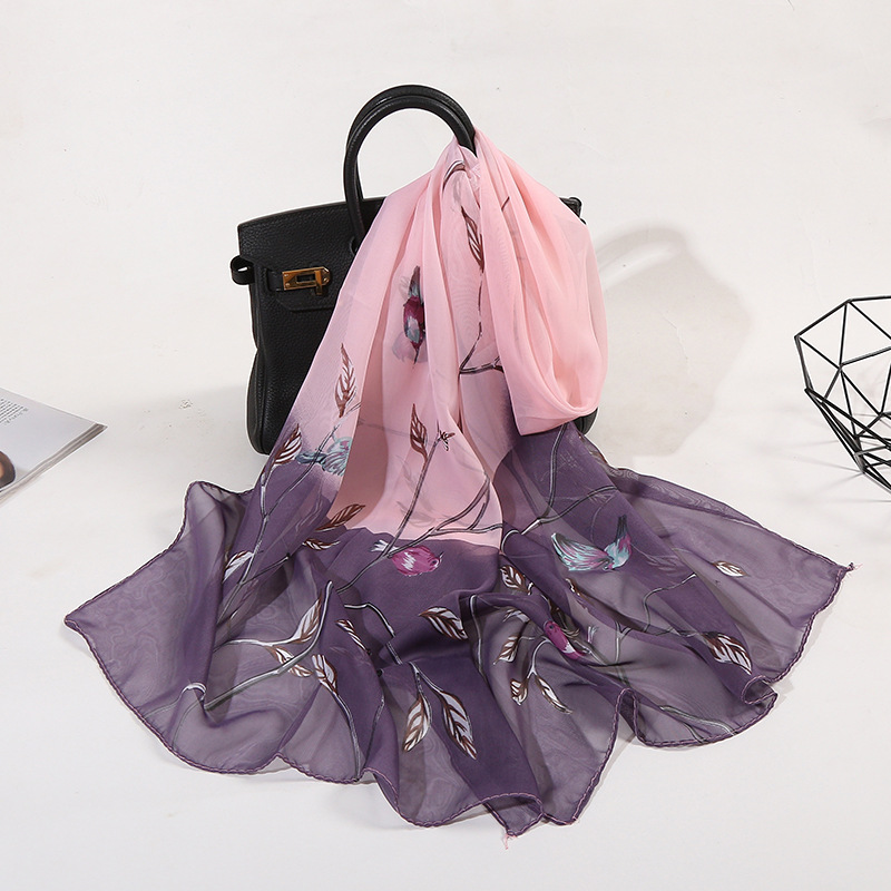 2020 new pattern Chiffon Silk scarf wholesale Hummingbird Butterfly Flower Sunscreen Shawl spring and autumn printing scarf