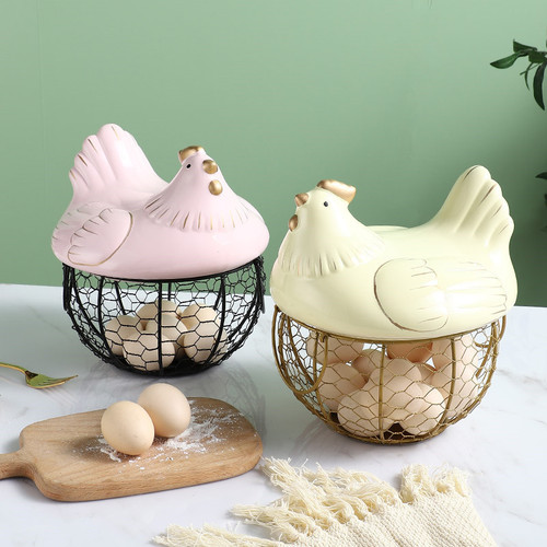 Creative and cute chicken storage basket with lid iron decorative egg storage basket portable kitchen portable shape