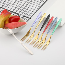 烤漆网红叉子304不锈钢水果叉蛋糕甜品叉二齿月饼叉西餐水果签