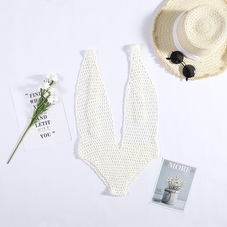 sexy crochet knitted halter strap elastic hollow onepiece bikini swimsuitpicture3