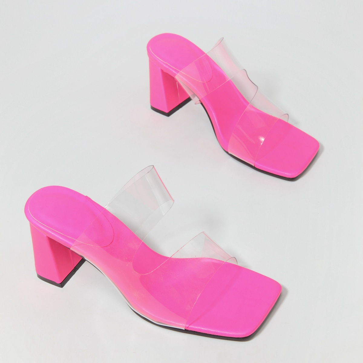 Candy-colored sandals Fashion high heels Transparent PVC flip-flops with high heels and square toe_voghion.com