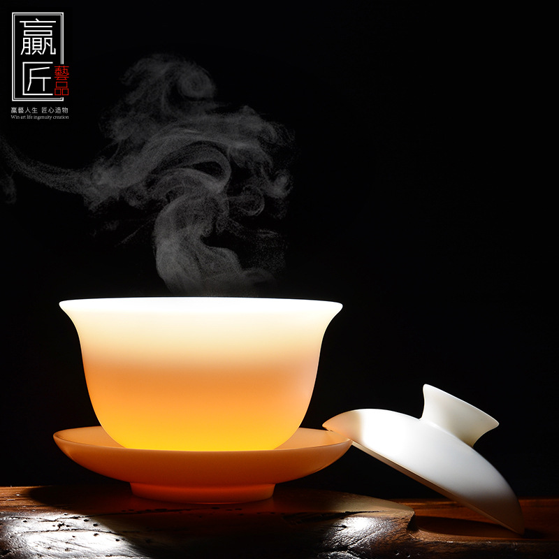 Ganador artesanal Kung Fu té de porcelana blanca tres talentos tazón de té de cerámica hecha a mano taza de té de grasa de cordero de porcelana de jade cubierta de té de boda