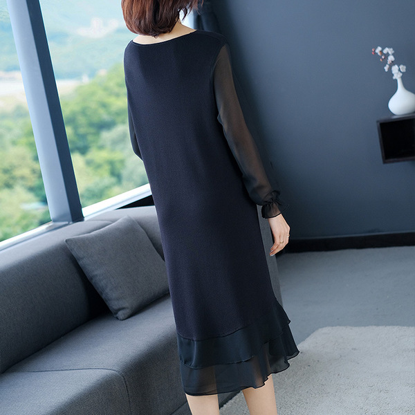 Solid V-neck black ice silk A-line skirt spring large women’s loose medium long knitting dress