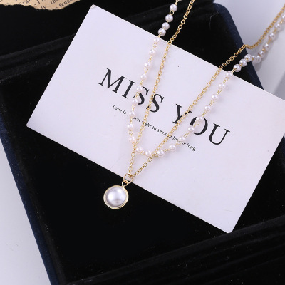 the republic of korea Retro double-deck Pearl Necklace ins Fashionable and simple choker Clavicle chain Necklace Necklace