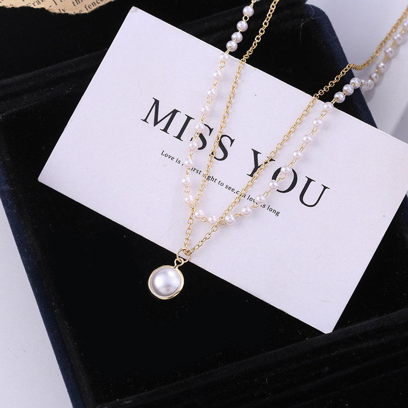 the republic of korea Retro double-deck Pearl Necklace ins Fashionable and simple choker Clavicle chain Necklace Necklace