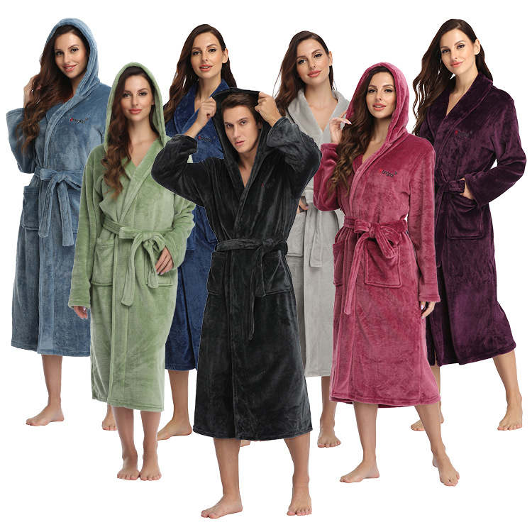 Hooded Solid Color Homewear Autumn And Winter Pajamas Bathrobes Couples Nightgown