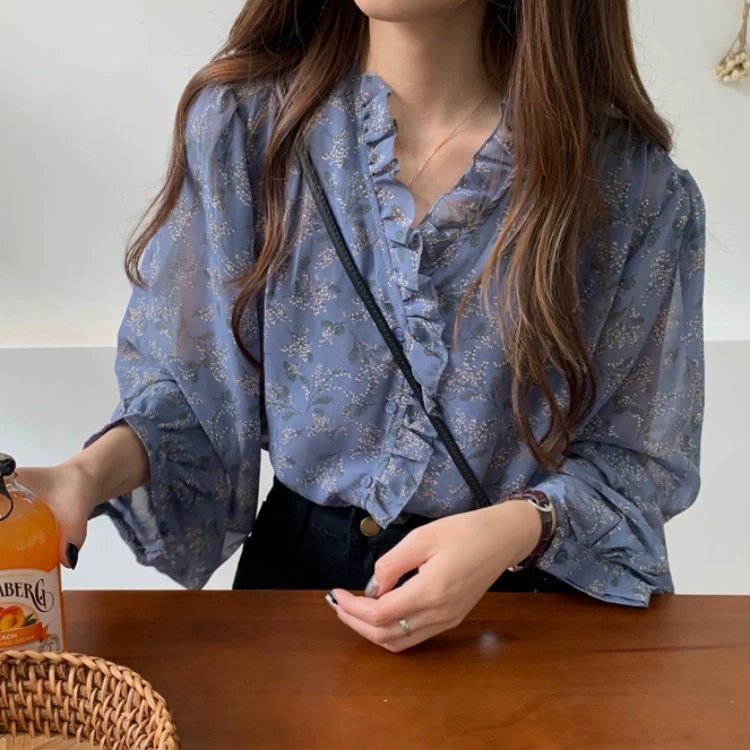 Шифоновая базовая футболка с длинным рукавом, body-friendly, T-shirt, коллекция 2023 года, корейский стиль, западный стиль, puff sleeves