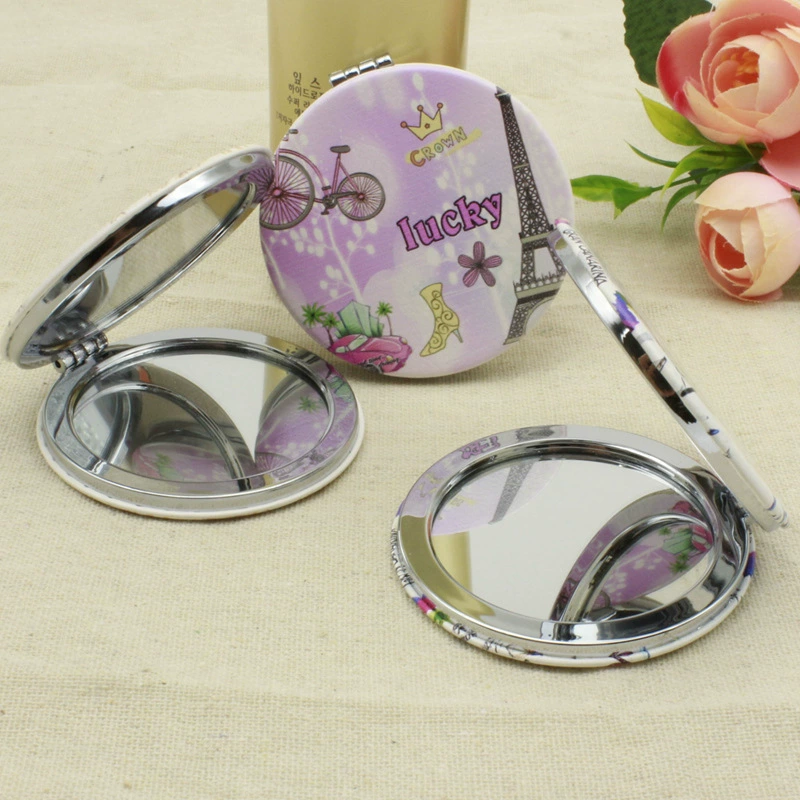 70 мм круглое зеркало для макияжа для отображения пользовательских рекламных подарков складное зеркало двустороннее зеркало из искусственной кожи с принтом