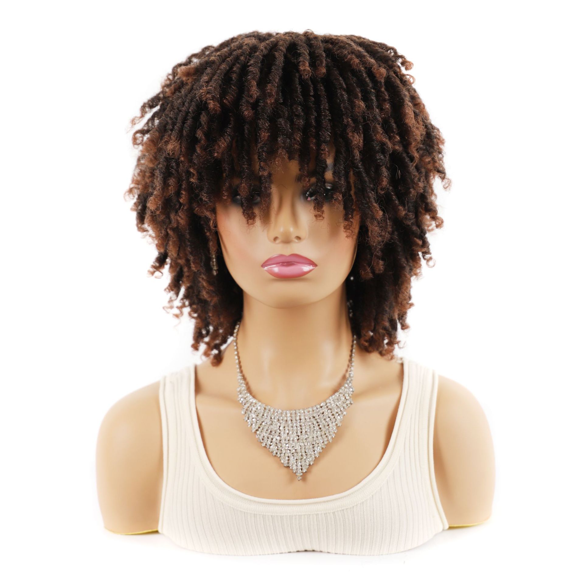 Sintētiskās šķiedras parūka sieviešu caurulīte ar dobu, cirtainu parūku, mazu, netīru bizīšu parūkas galvas pārsegu_voghion.com