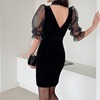 Mock Neck mesh stitched bubble sleeve open back slim wrap hip dress