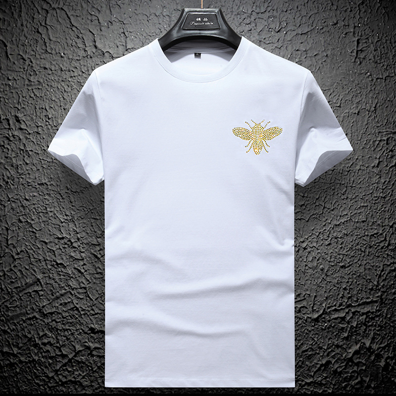 外贸亚马逊跨境小蜜蜂烫钻短袖t恤青年丝光棉男士爸爸装打底衫潮