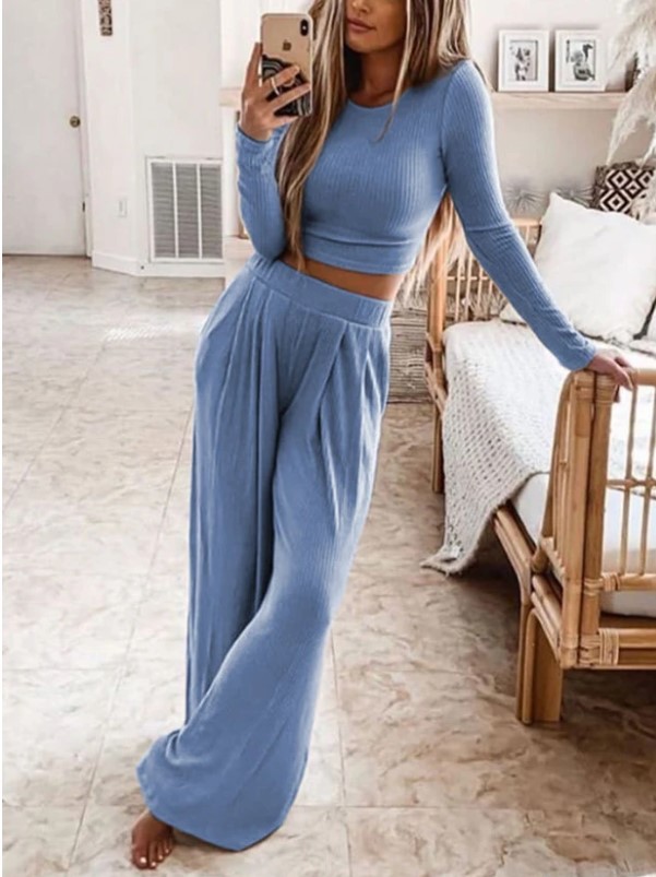 solid color Round Neck Long Sleeve top and loose pants Two-piece set NSYHC136154